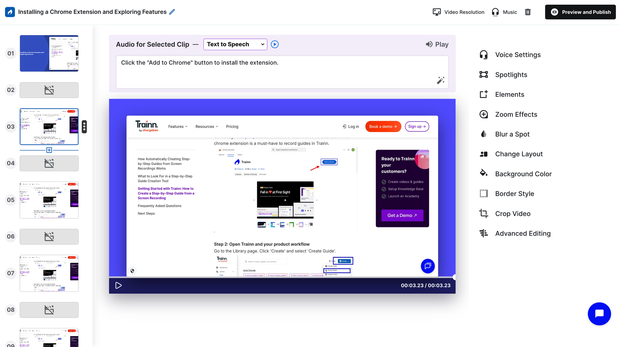 Trainn clip-based video editor showing trim, reorder, zoom adjustments, and text-based narration editing for customer education videos