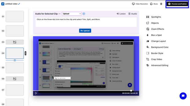 Trainn video editor showing zoom, spotlight, and script editing options before converting a Loom recording into a step-by-step guide