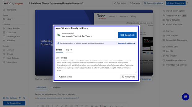 Trainn sharing and delivery options showing link share, website embed, export, and direct publishing to knowledge base, in-app tutorials, and Academy